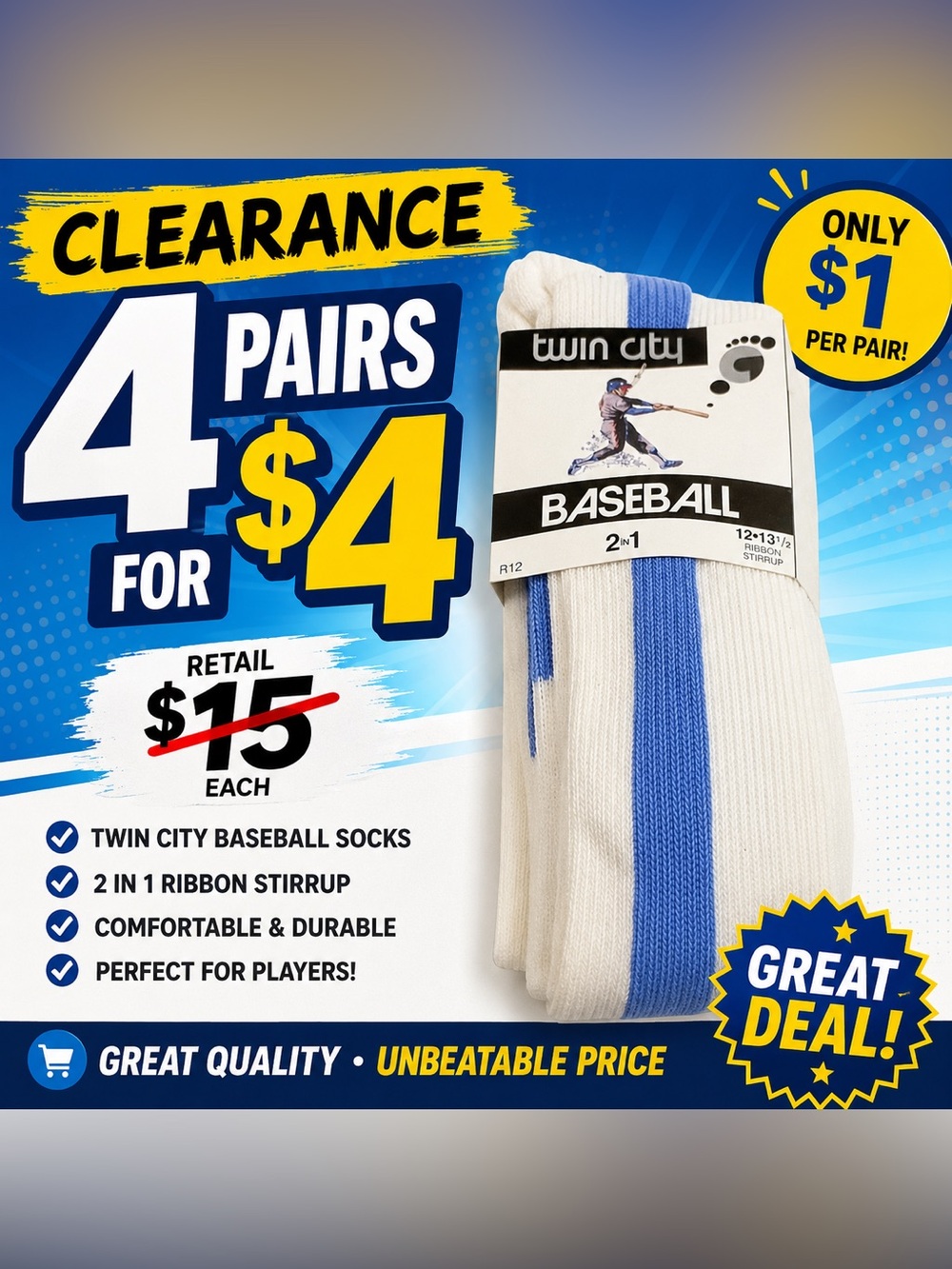 Clearance -4 pairs  Twin City Baseball Traditional Stirrup Socks White/Columbia